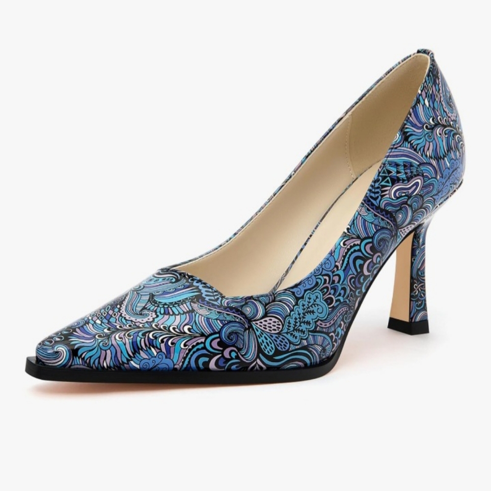 NIB Jcxuanyan Blue Patterned Patent Leather Heels - 8